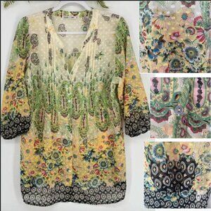 Lightweight Floral Button-Down Tunic Shirt - Yellow Green